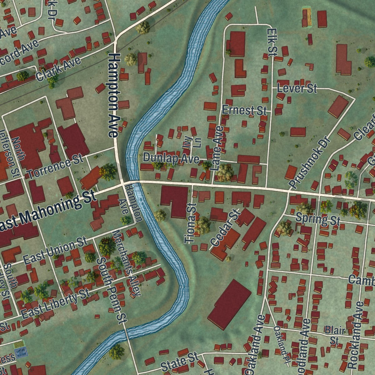 Close-up of the map of Punxsutawney, Pennsylvania print showing street and building detail
