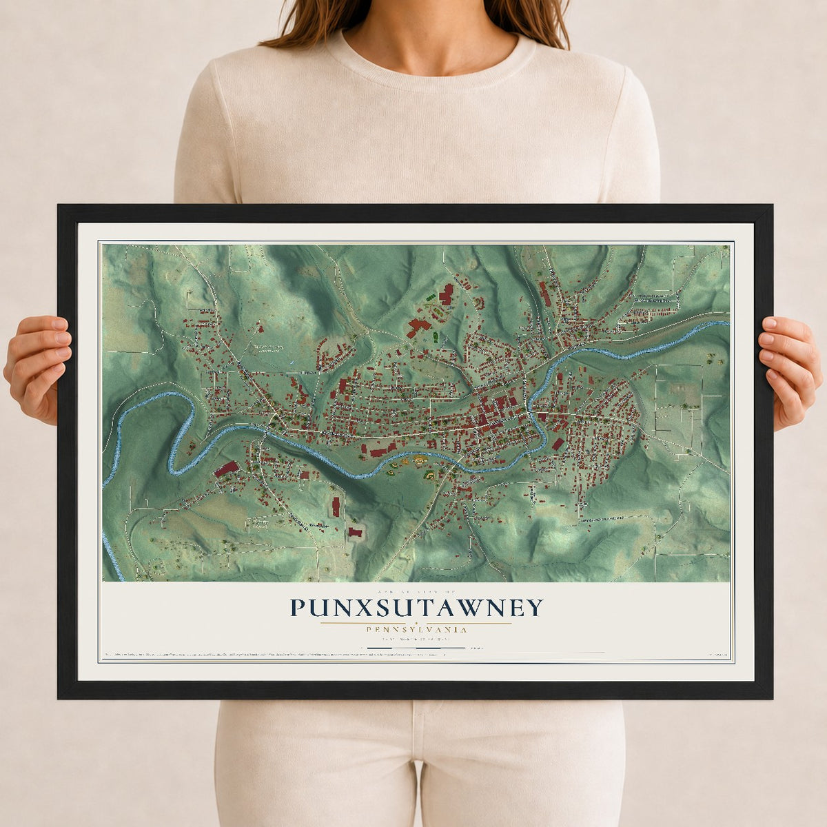 Map of Punxsutawney, Pennsylvania, 12 x 18 inch print in a black wood frame