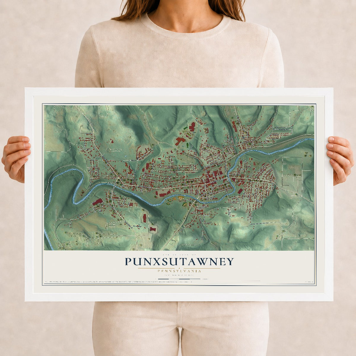 Map of Punxsutawney, Pennsylvania, 12 x 18 inch print in a white wood frame