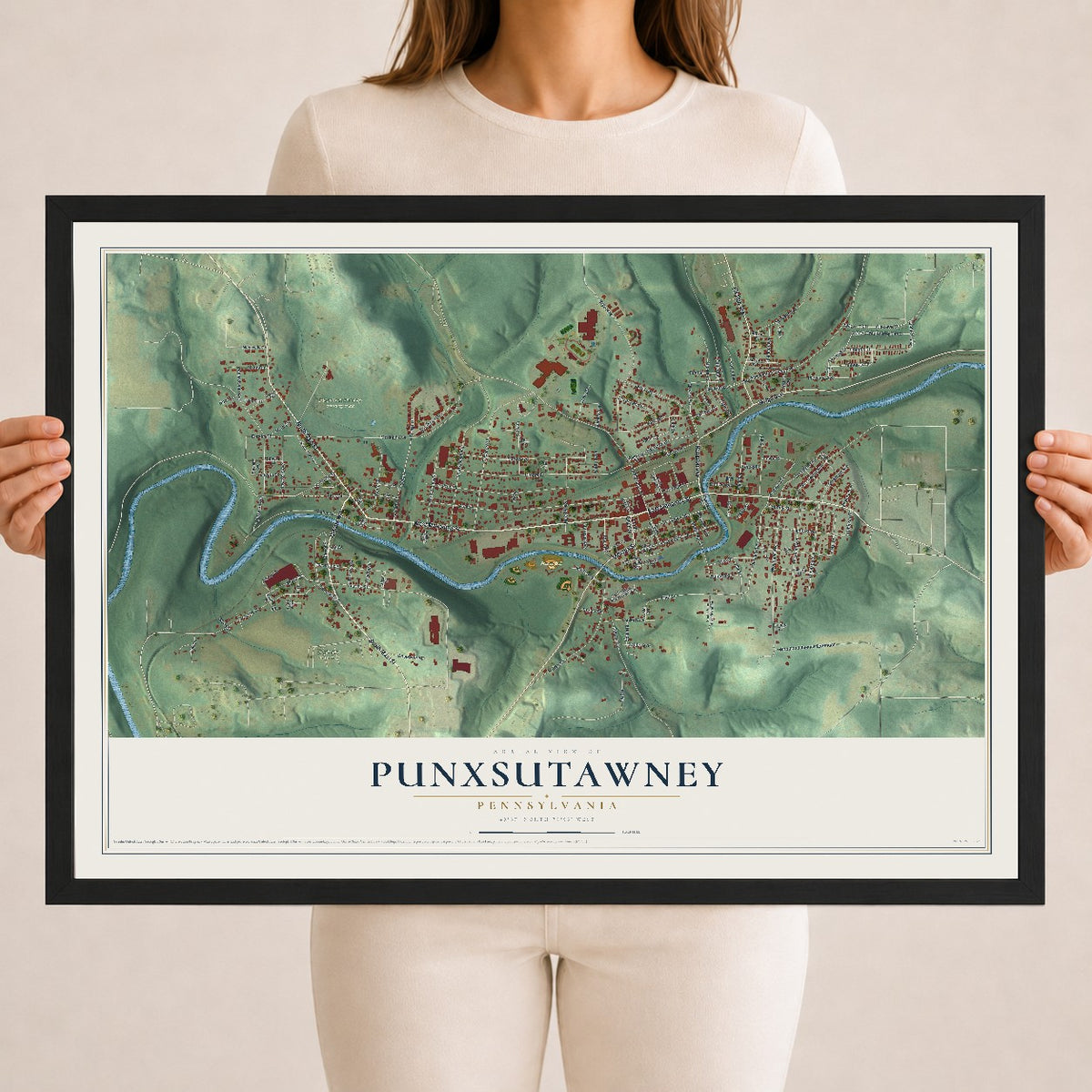 Map of Punxsutawney, Pennsylvania, 18 x 24 inch print in a black wood frame