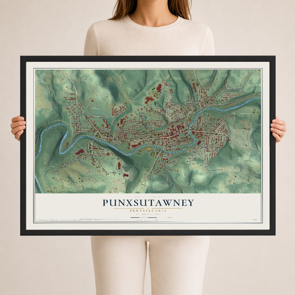 Map of Punxsutawney, Pennsylvania, 24 x 36 inch print in a black wood frame