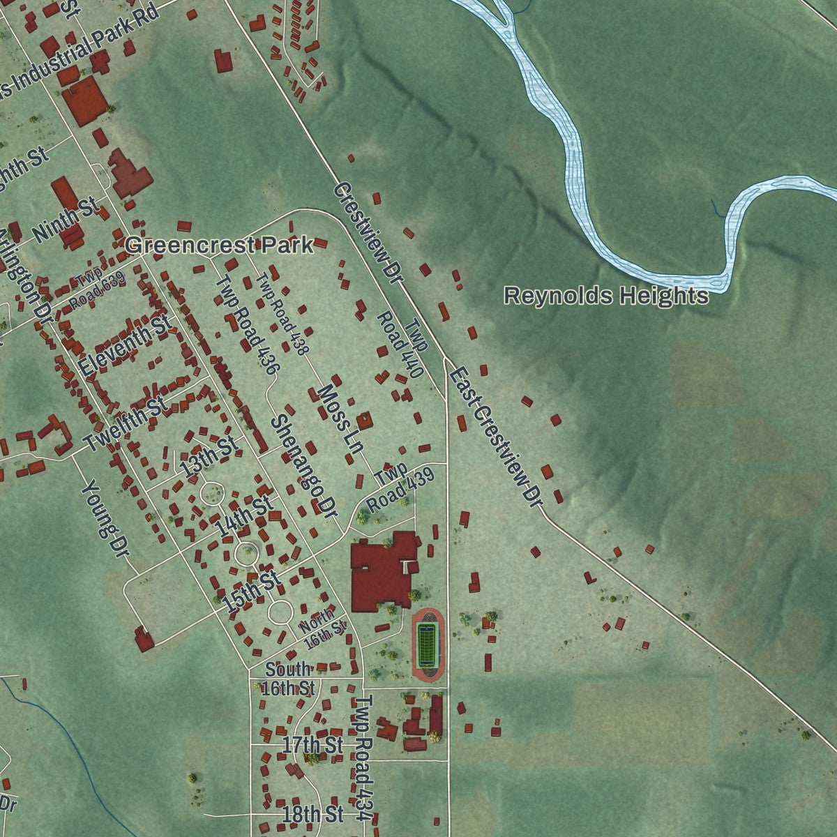 Second close-up of the map of Pymatuning, Pennsylvania print showing more streets and buildings