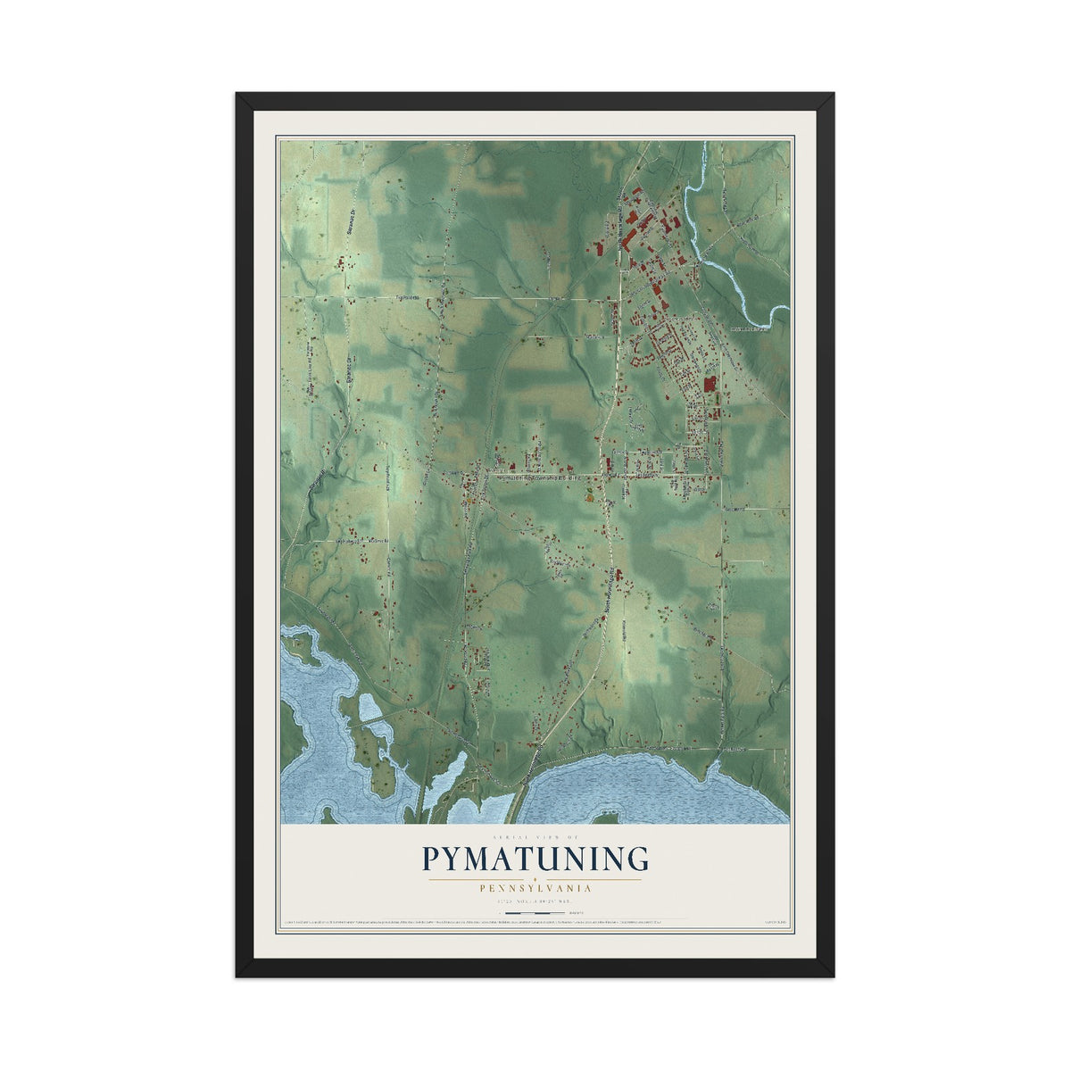 Map of Pymatuning, Pennsylvania, 12 x 18 inch print in a black wood frame