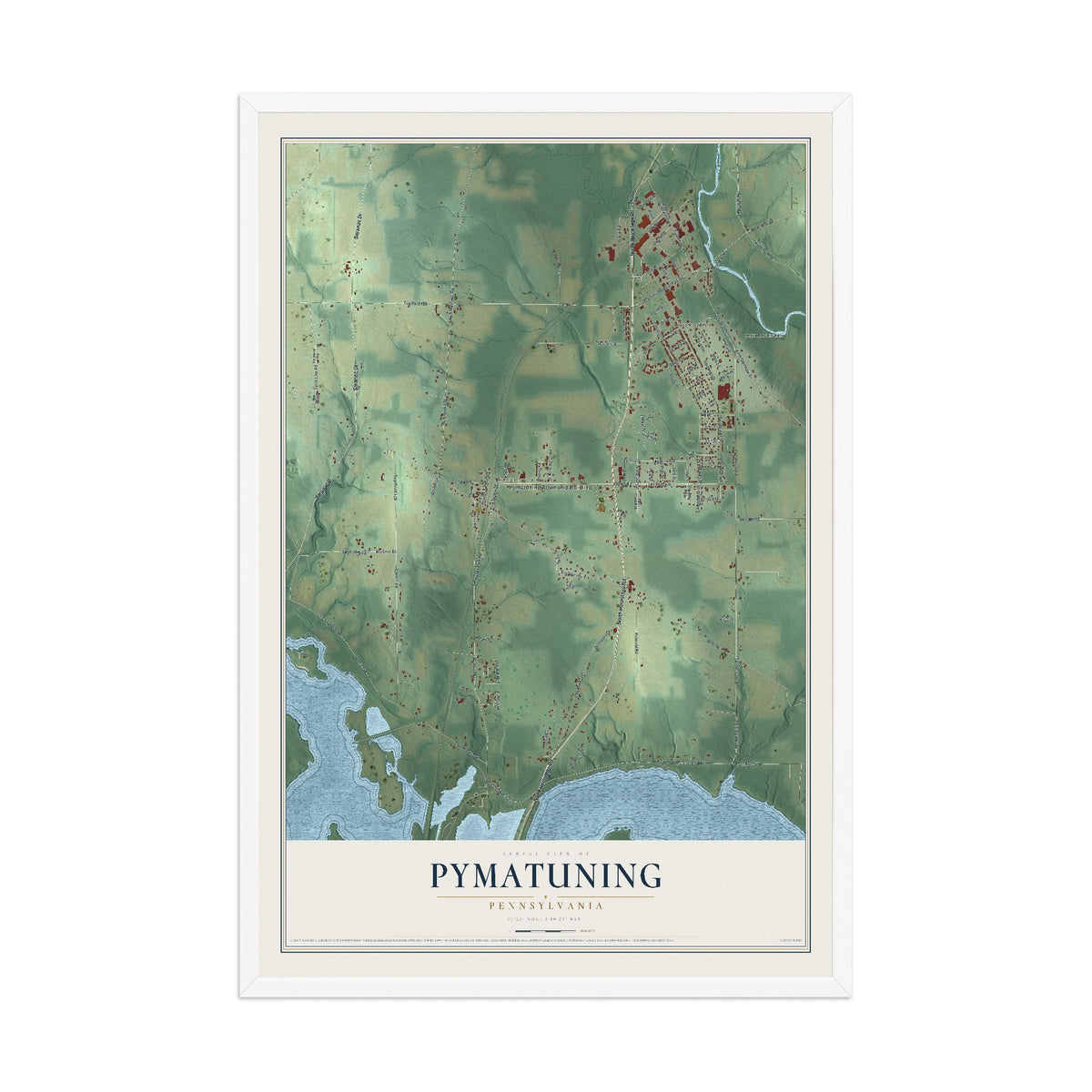 Map of Pymatuning, Pennsylvania, 12 x 18 inch print in a white wood frame