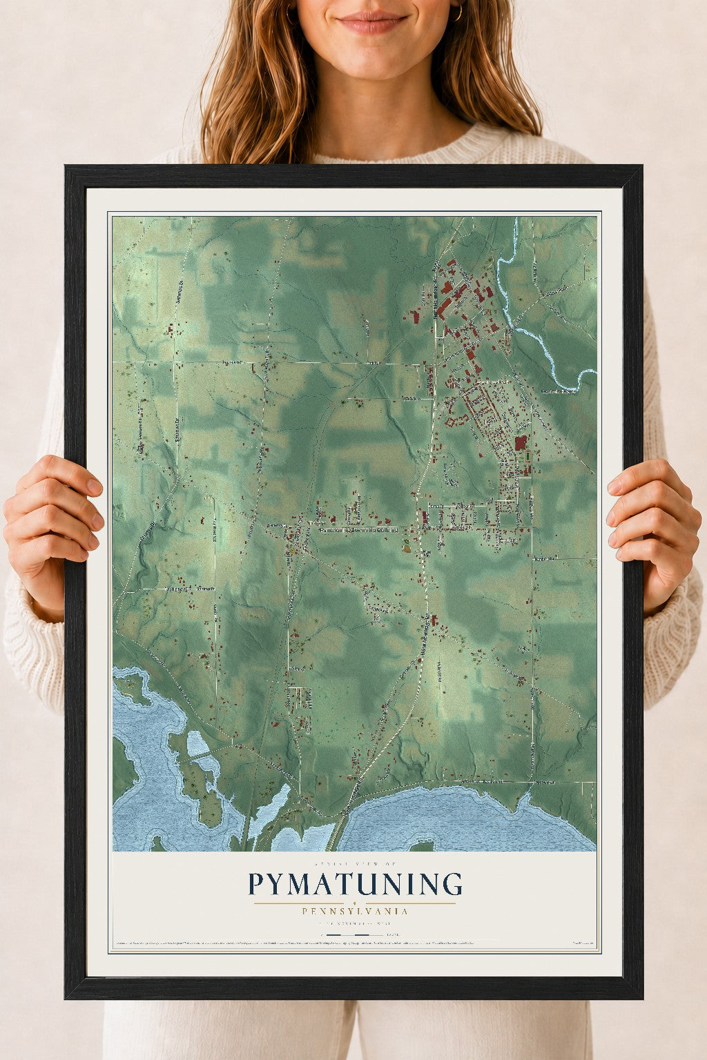 Map of Pymatuning, Pennsylvania, 18 x 24 inch print in a black wood frame