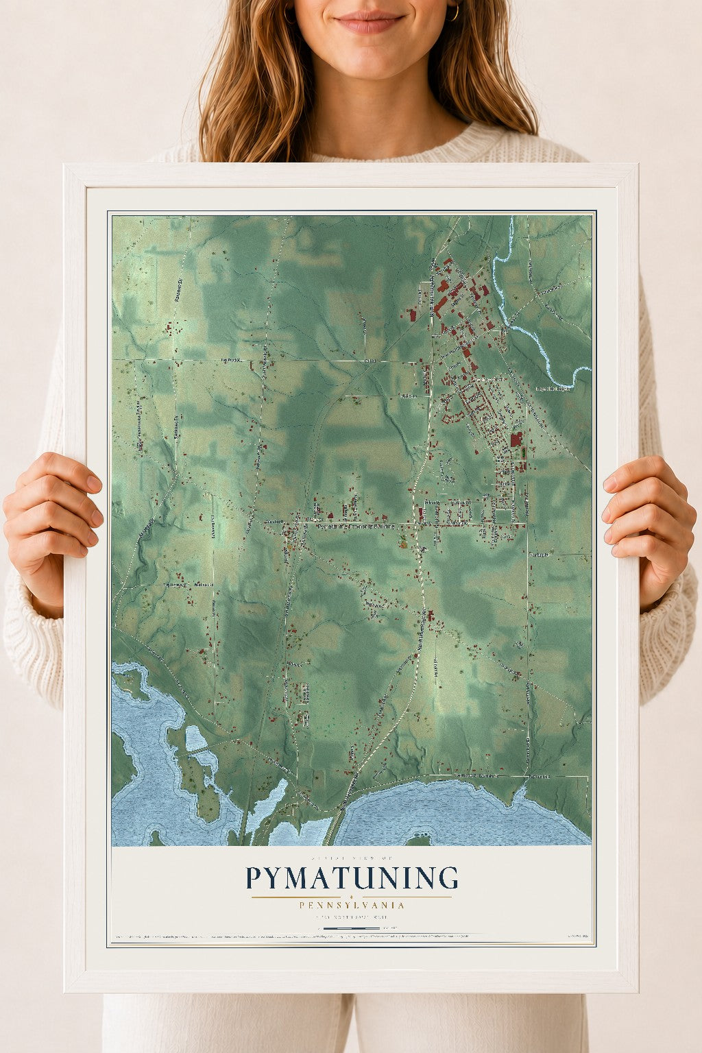 Map of Pymatuning, Pennsylvania, 18 x 24 inch print in a white wood frame