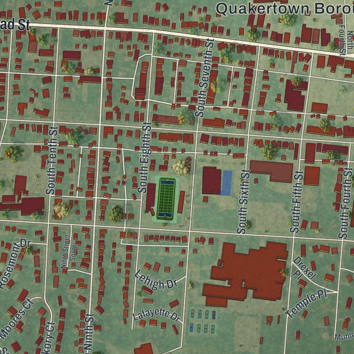 Close-up of the map of Quakertown, Pennsylvania print showing street and building detail