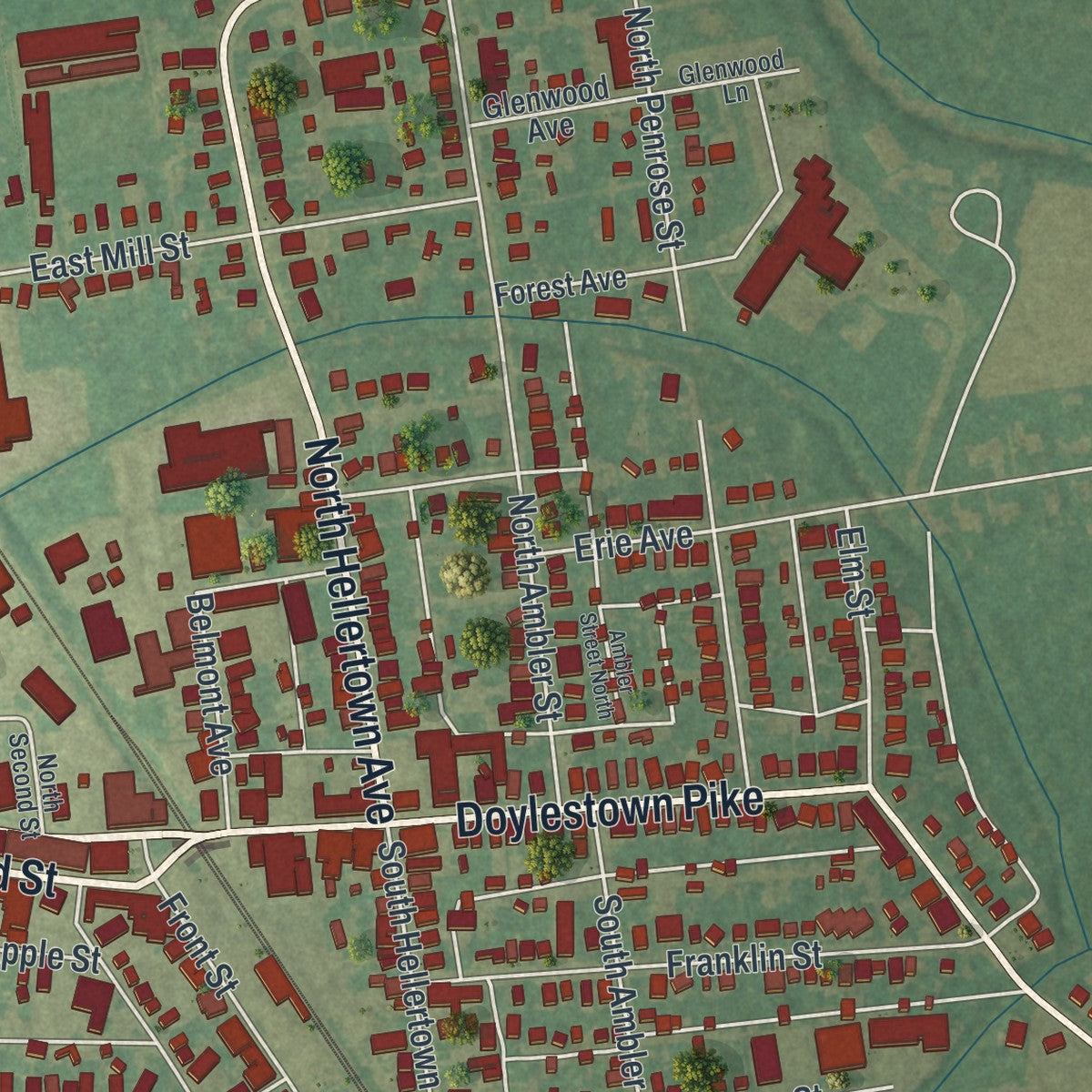 Second close-up of the map of Quakertown, Pennsylvania print showing more streets and buildings
