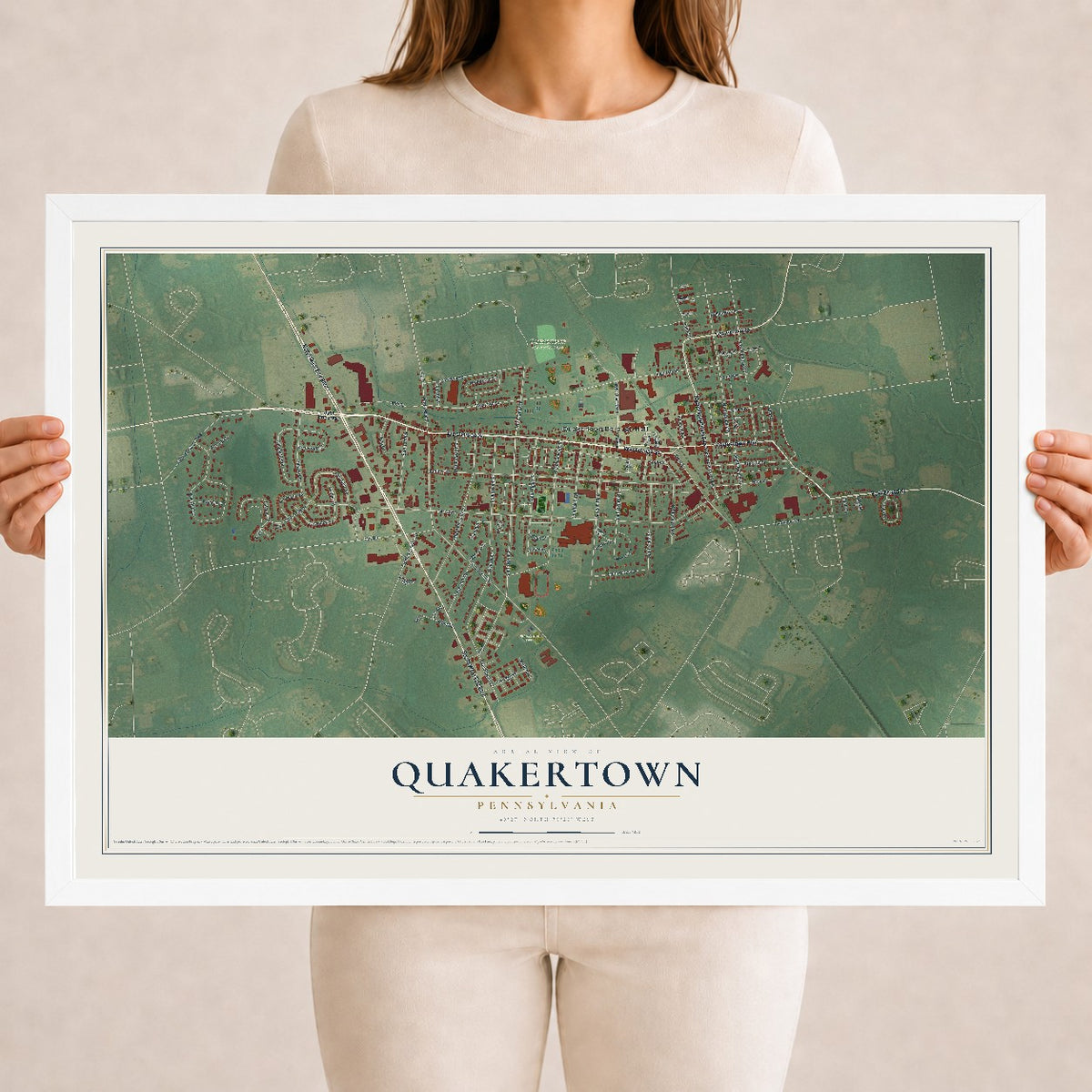 Map of Quakertown, Pennsylvania, 18 x 24 inch print in a white wood frame
