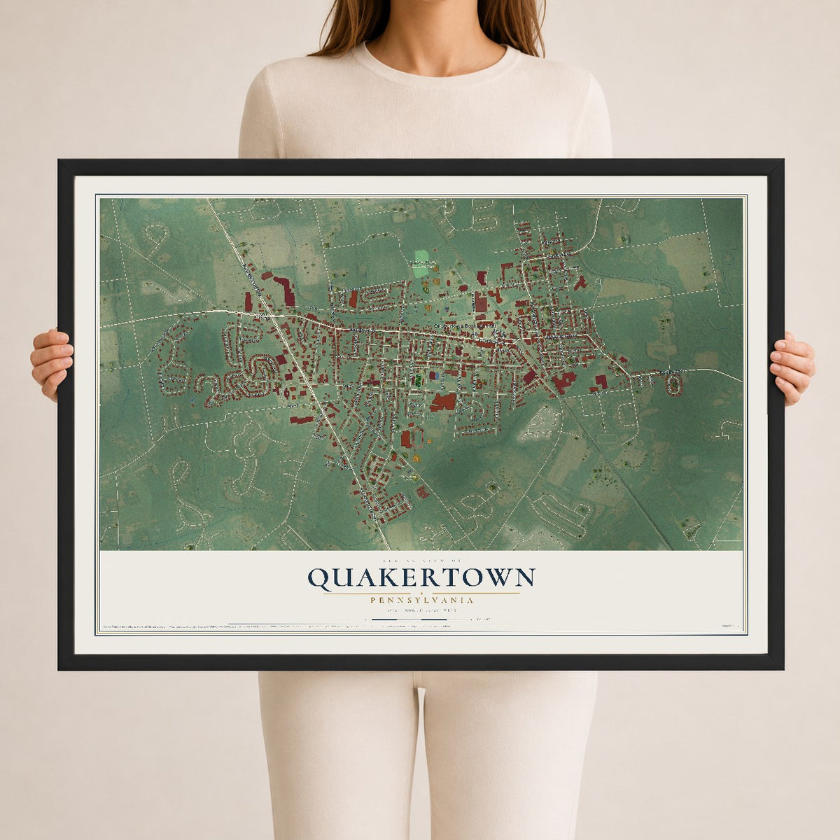 Map of Quakertown, Pennsylvania, 24 x 36 inch print in a black wood frame