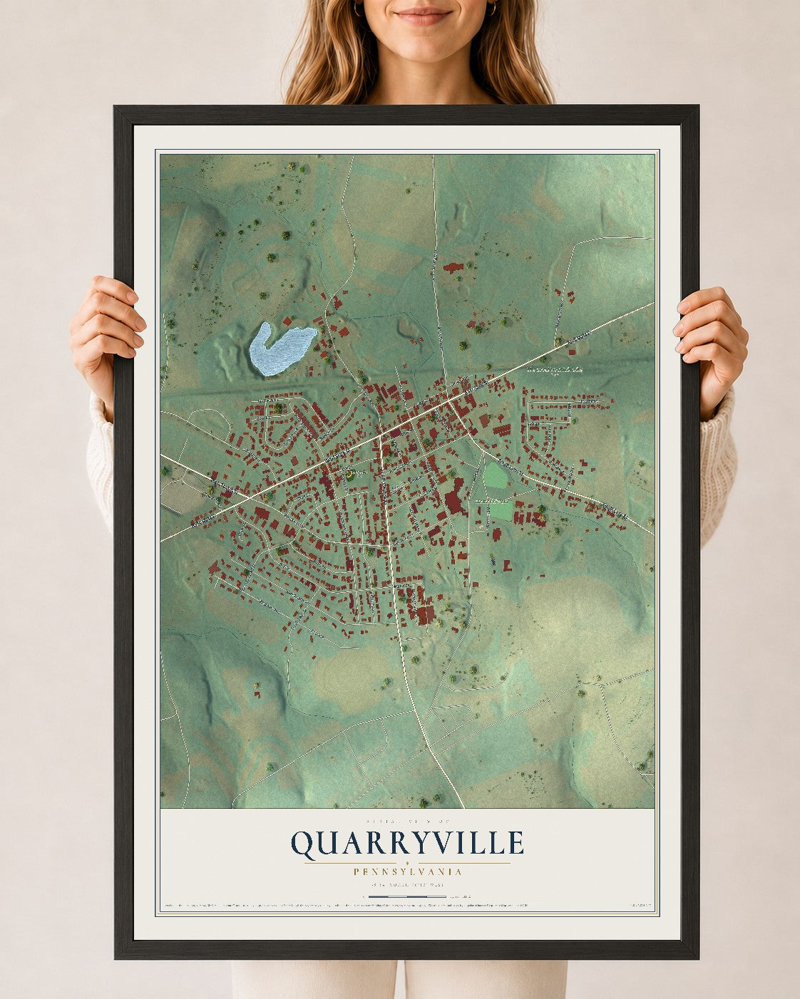 Map of Quarryville, Pennsylvania, 24 x 36 inch print in a black wood frame