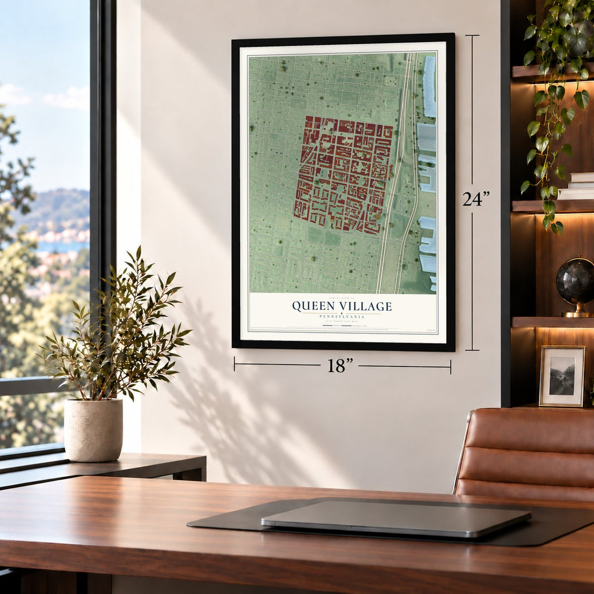 Queen Village, Pennsylvania map, 18 x 24 inch print in a black frame in a home office