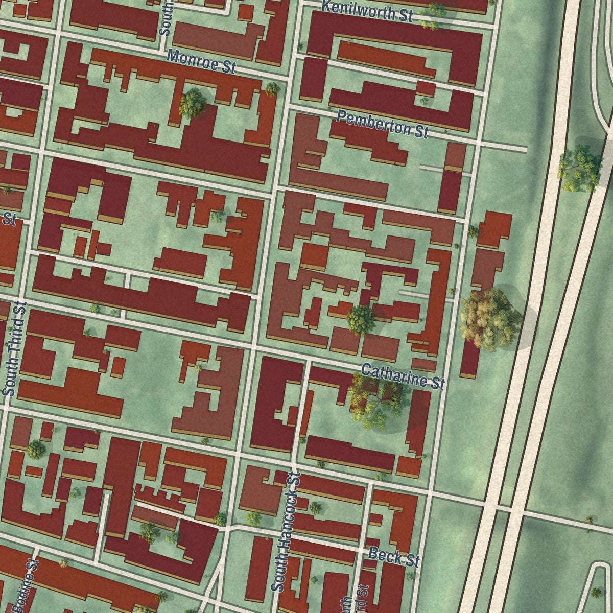 Close-up of the map of Queen Village, Pennsylvania print showing street and building detail