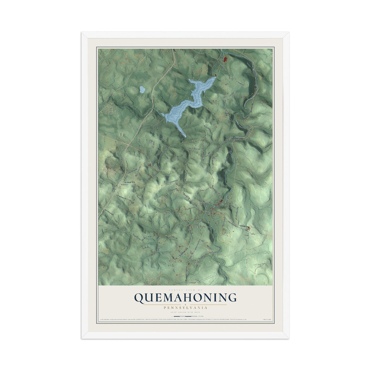 Map of Quemahoning, Pennsylvania, 12 x 18 inch print in a white wood frame