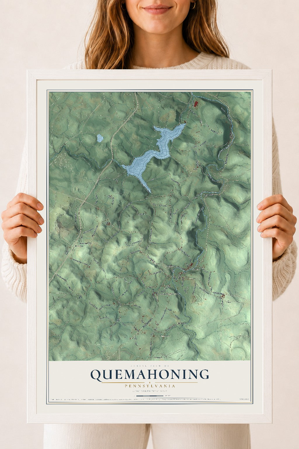 Map of Quemahoning, Pennsylvania, 18 x 24 inch print in a white wood frame