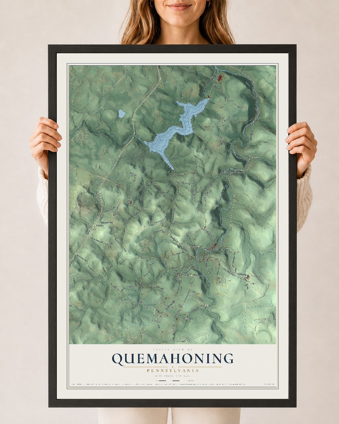 Map of Quemahoning, Pennsylvania, 24 x 36 inch print in a black wood frame