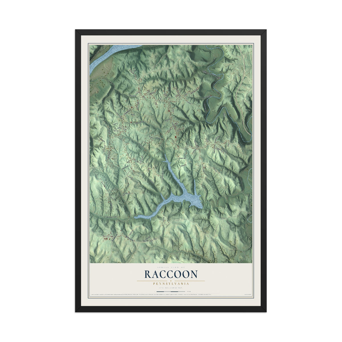 Map of Raccoon, Pennsylvania, 12 x 18 inch print in a black wood frame
