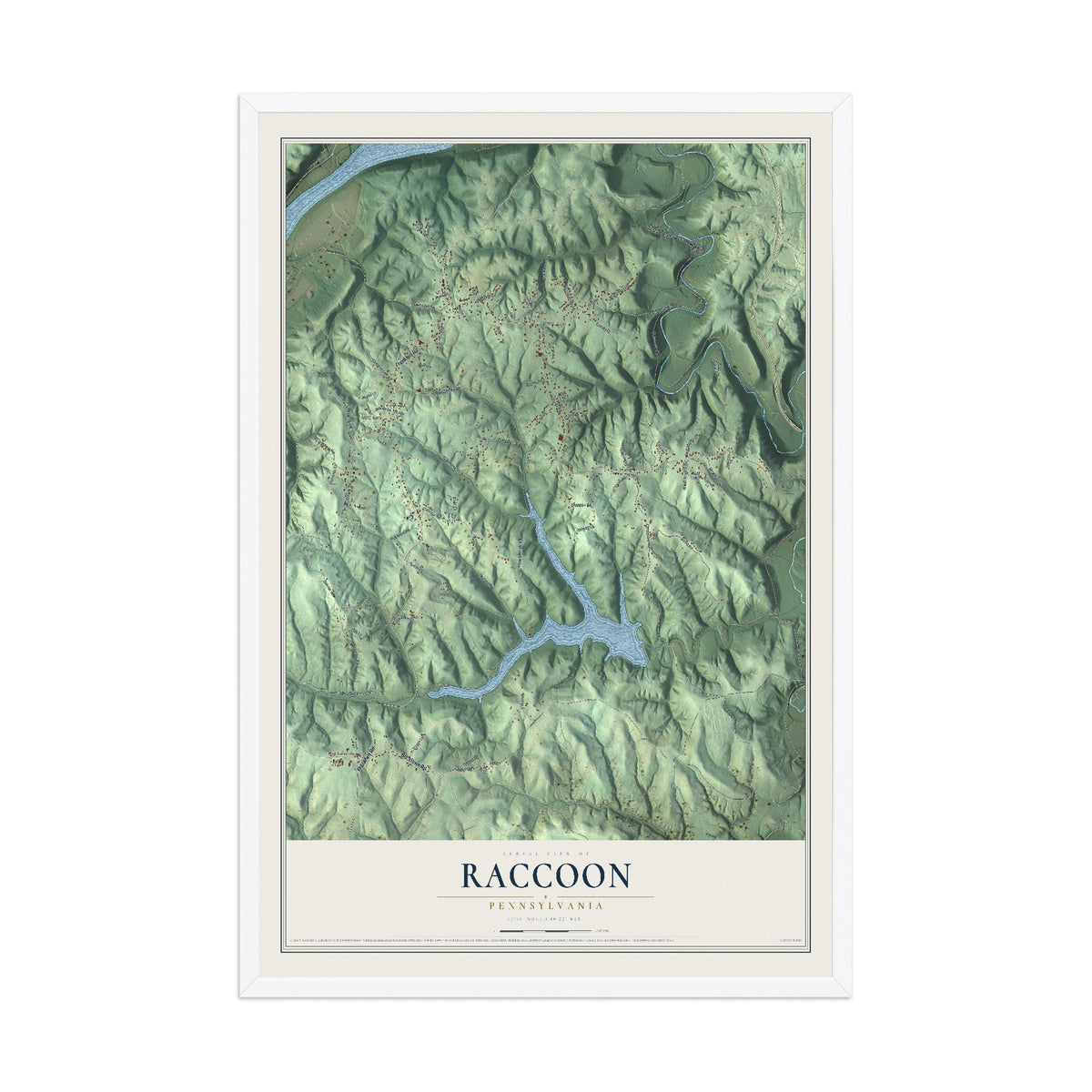 Map of Raccoon, Pennsylvania, 12 x 18 inch print in a white wood frame