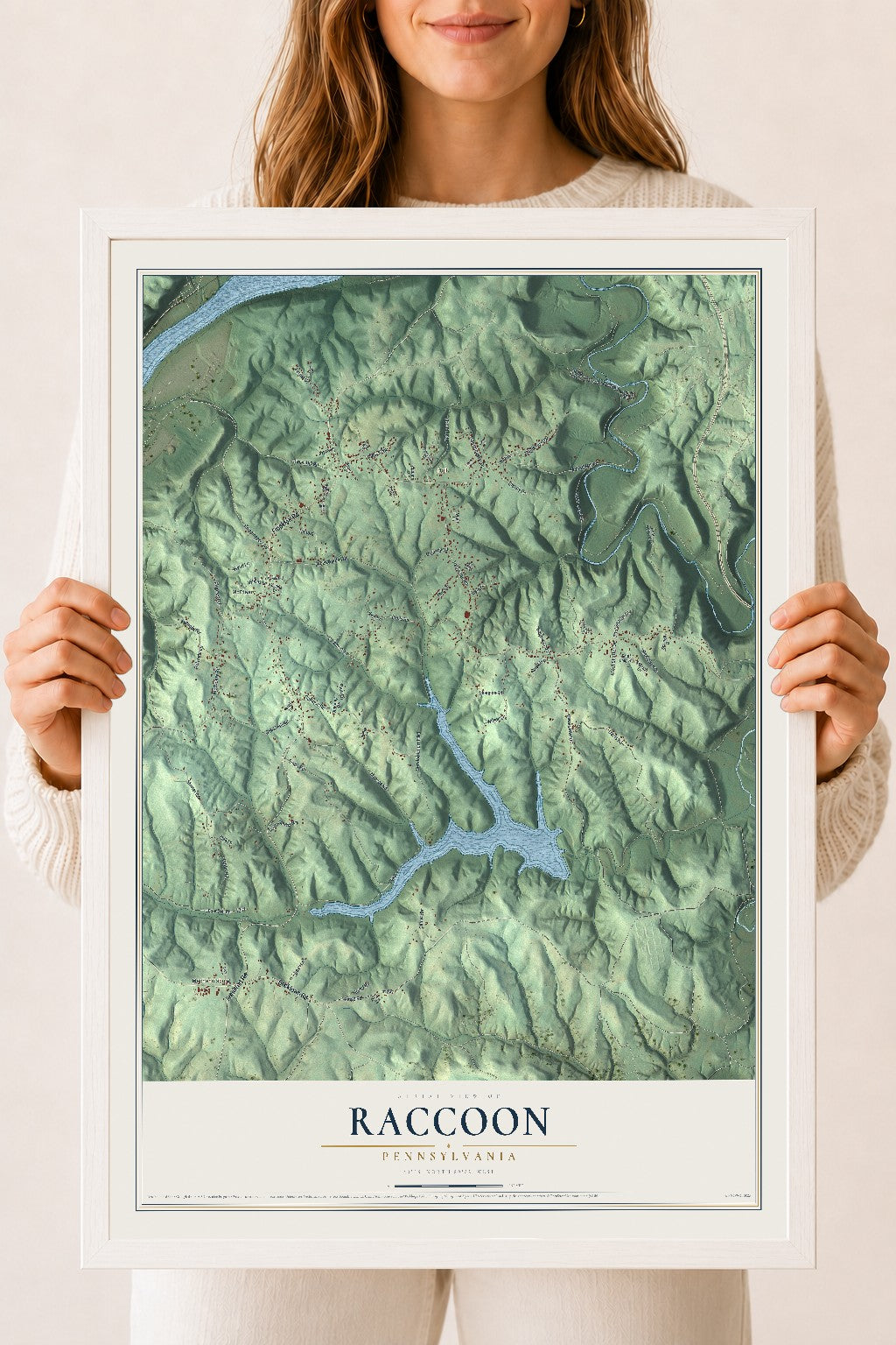 Map of Raccoon, Pennsylvania, 18 x 24 inch print in a white wood frame