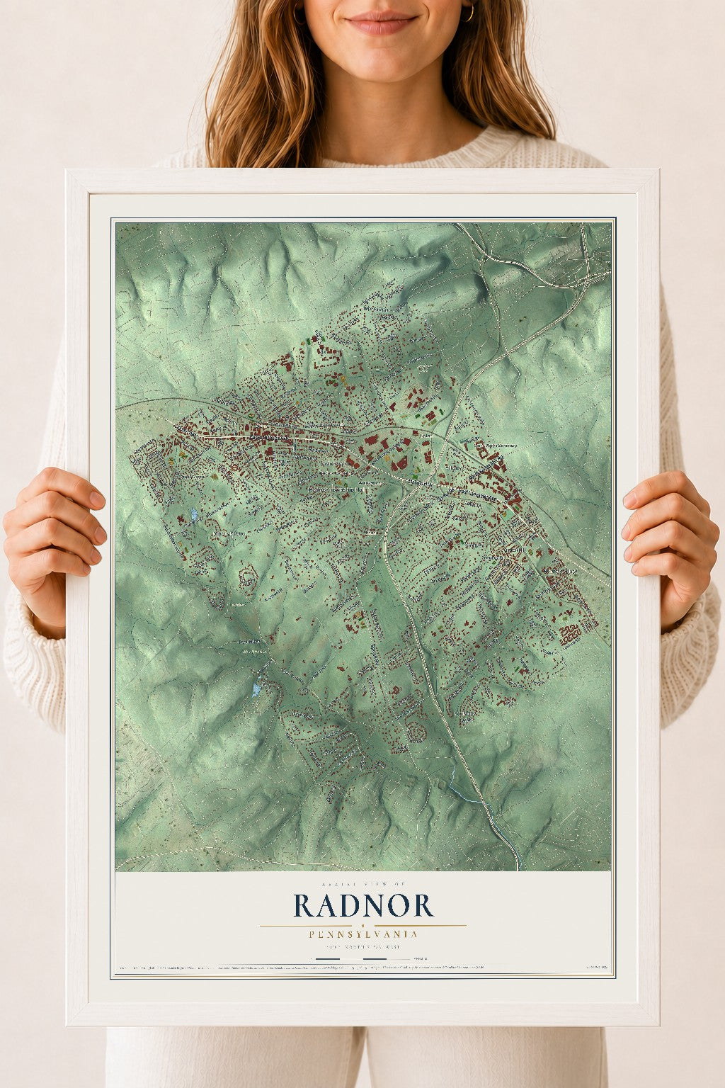 Map of Radnor, Pennsylvania, 18 x 24 inch print in a white wood frame