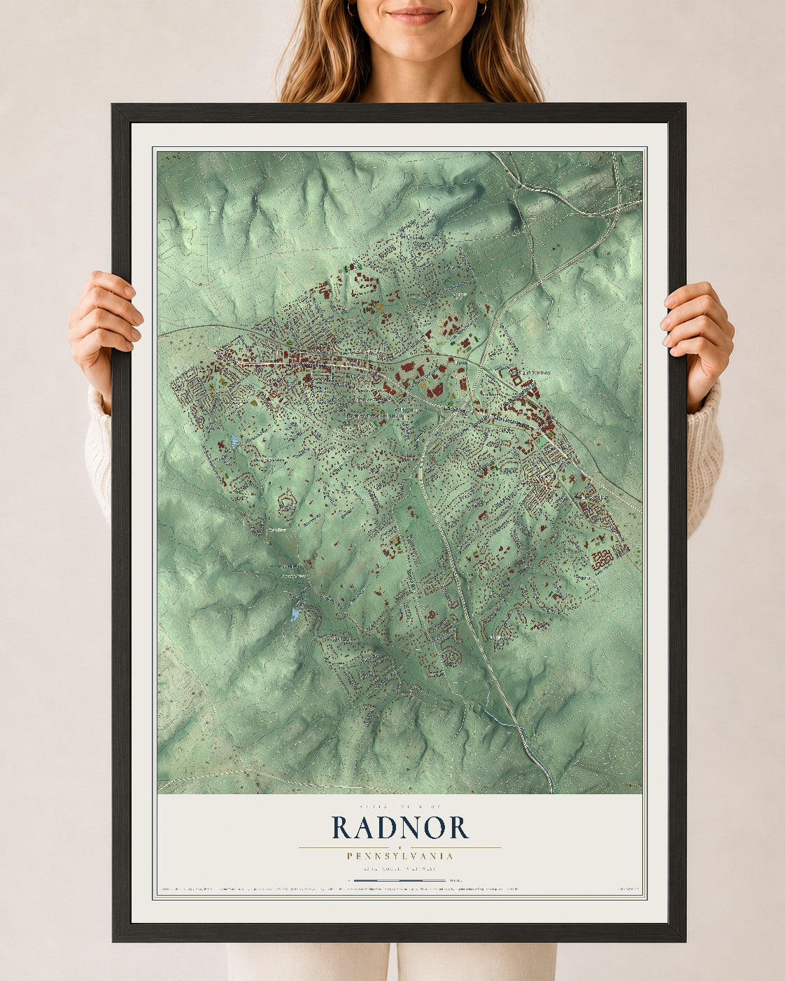 Map of Radnor, Pennsylvania, 24 x 36 inch print in a black wood frame