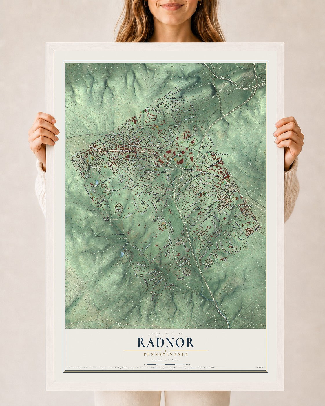 Map of Radnor, Pennsylvania, 24 x 36 inch print in a white wood frame