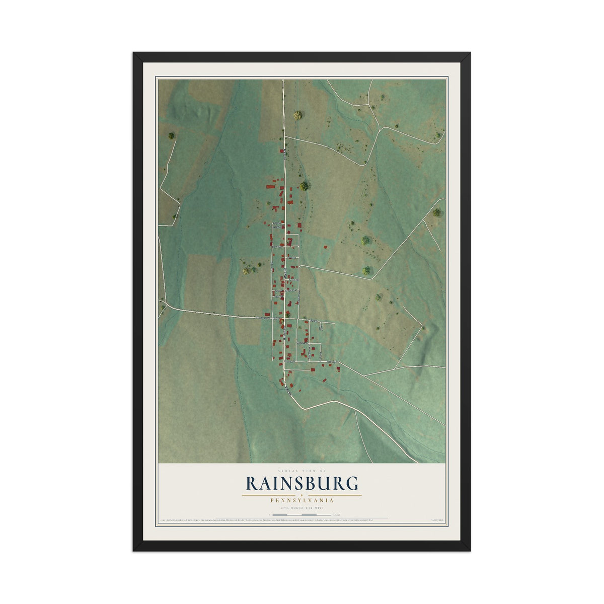 Map of Rainsburg, Pennsylvania, 12 x 18 inch print in a black wood frame
