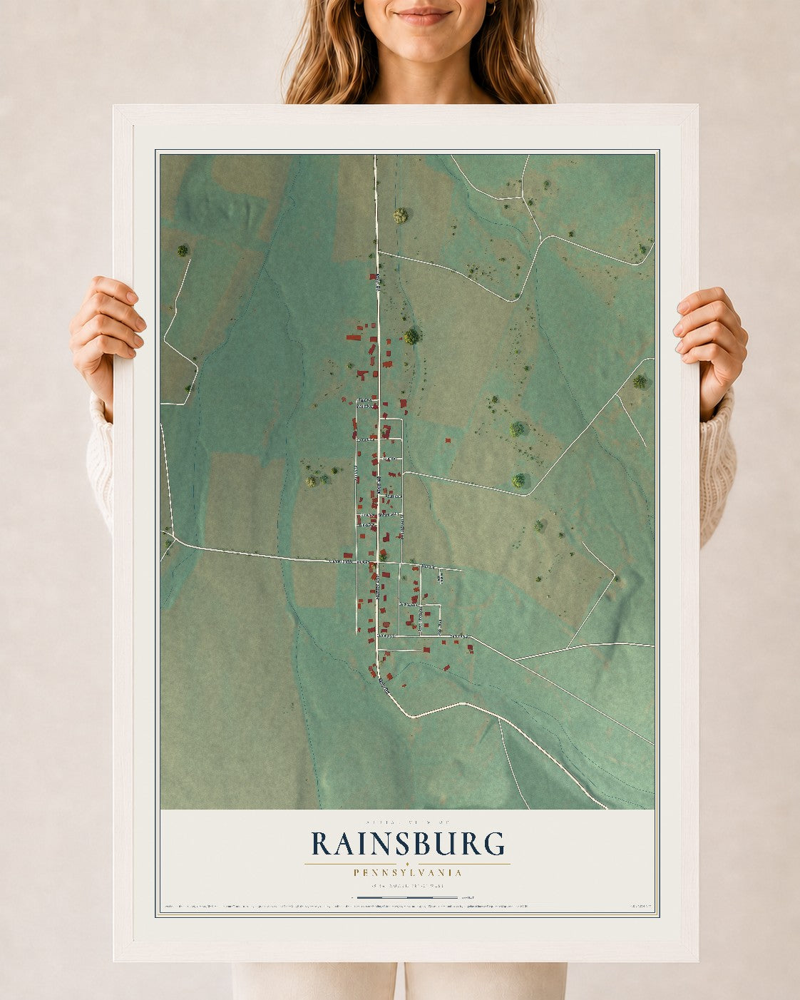 Map of Rainsburg, Pennsylvania, 24 x 36 inch print in a white wood frame