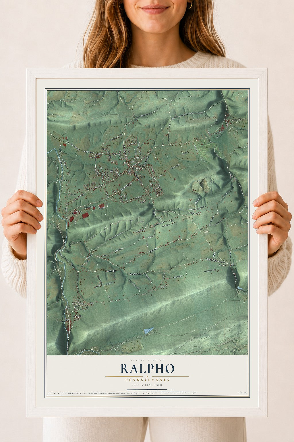 Map of Ralpho, Pennsylvania, 18 x 24 inch print in a white wood frame
