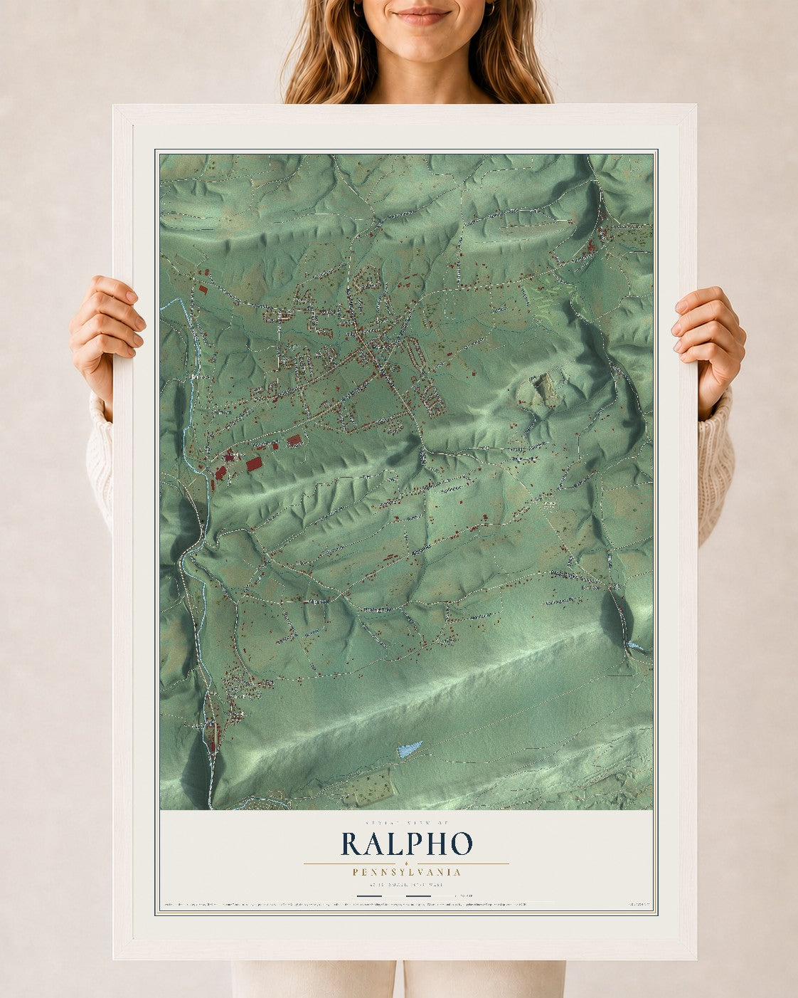 Map of Ralpho, Pennsylvania, 24 x 36 inch print in a white wood frame