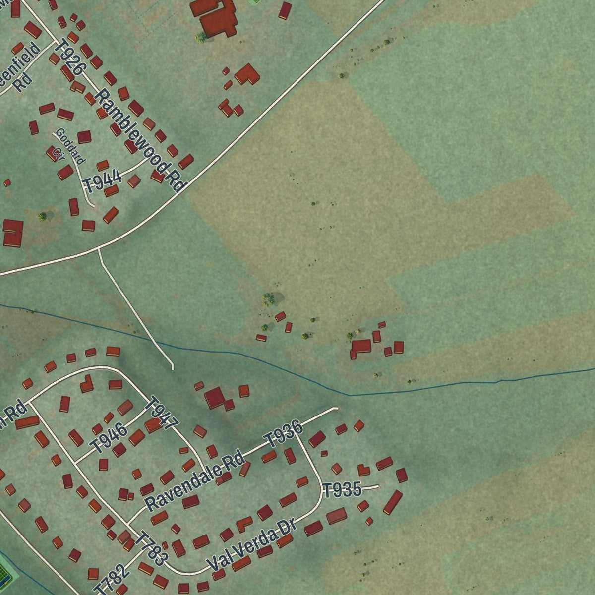 Close-up of the map of Ramblewood, Pennsylvania print showing street and building detail