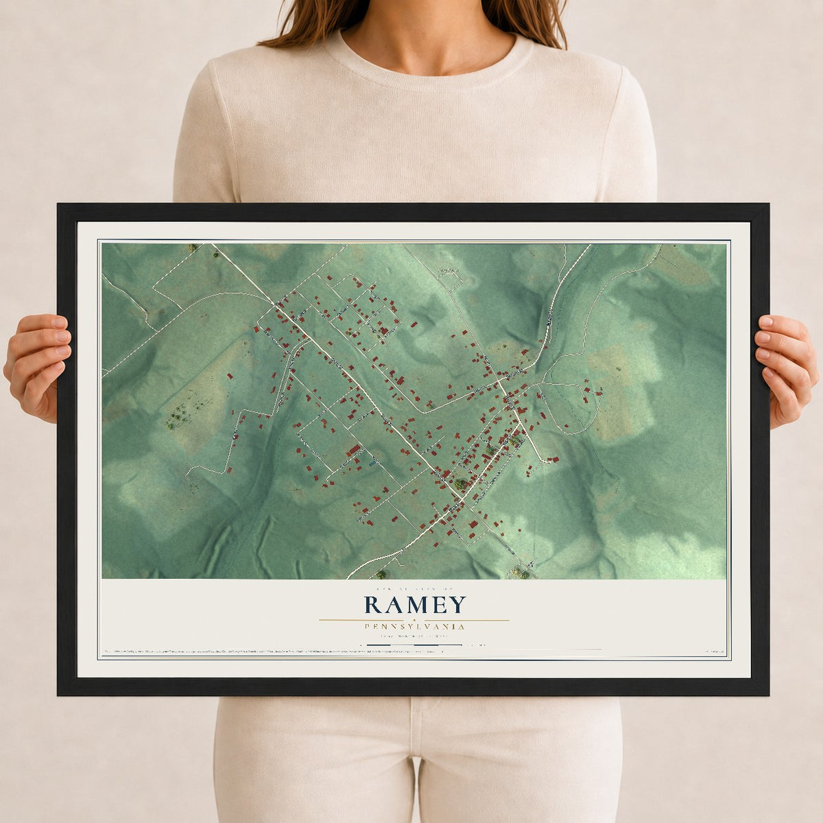 Map of Ramey, Pennsylvania, 12 x 18 inch print in a black wood frame