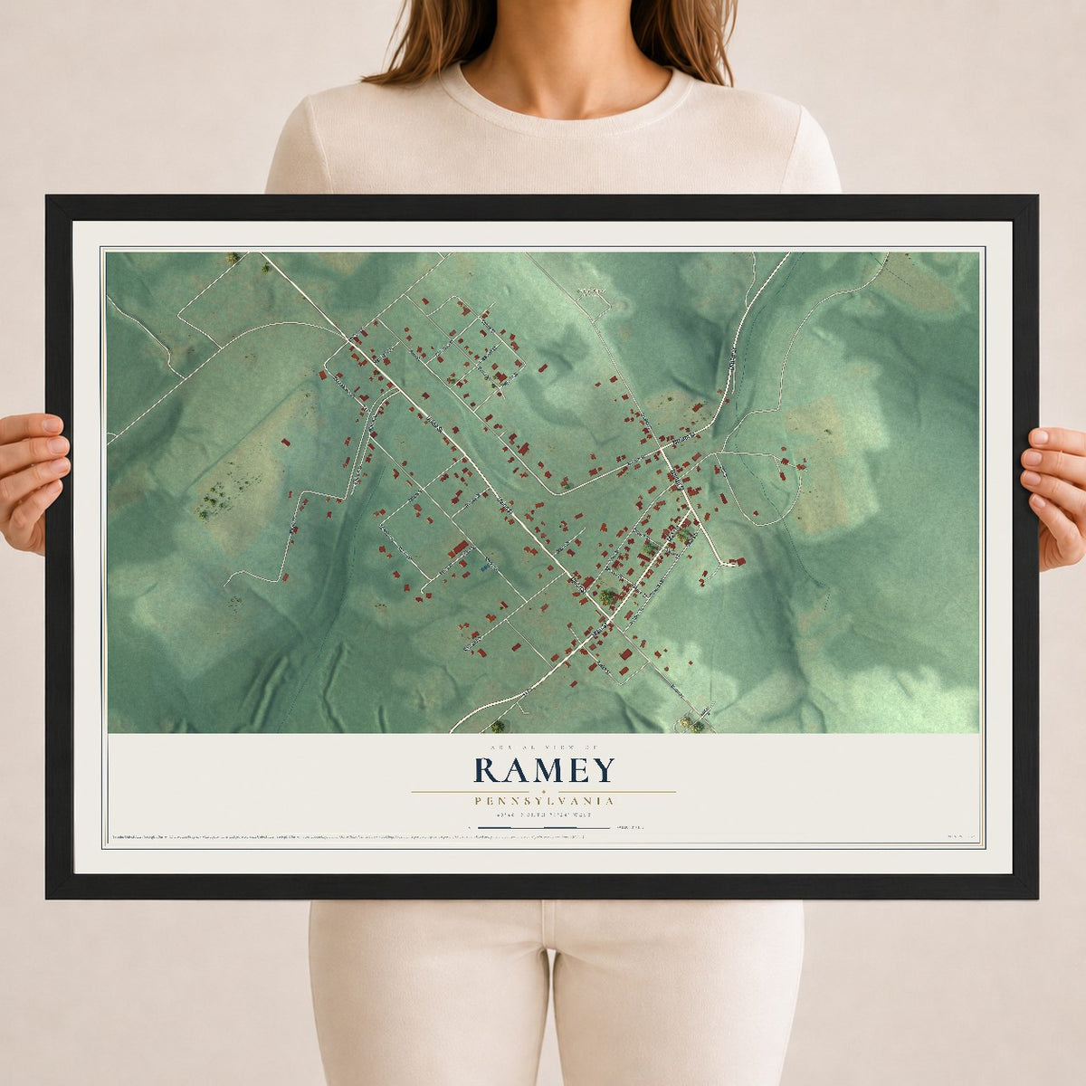 Map of Ramey, Pennsylvania, 18 x 24 inch print in a black wood frame