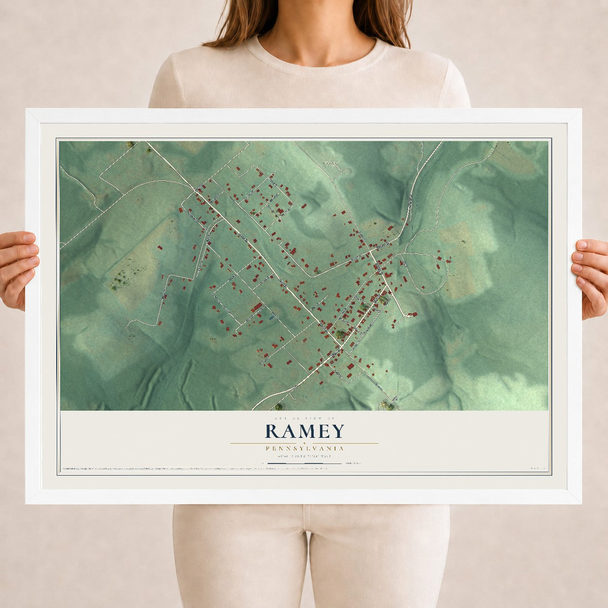 Map of Ramey, Pennsylvania, 18 x 24 inch print in a white wood frame