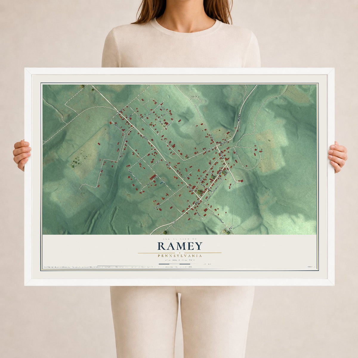 Map of Ramey, Pennsylvania, 24 x 36 inch print in a white wood frame