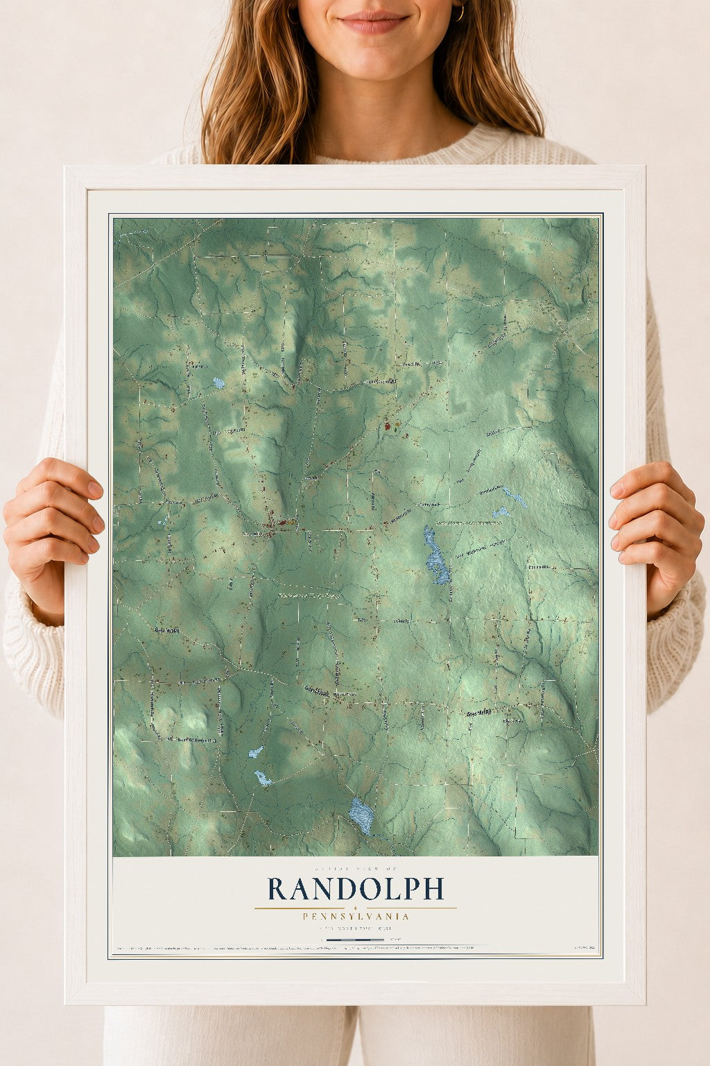 Map of Randolph, Pennsylvania, 18 x 24 inch print in a white wood frame
