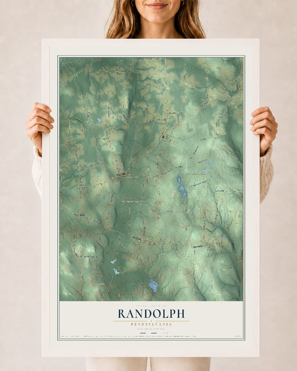 Map of Randolph, Pennsylvania, 24 x 36 inch print in a white wood frame