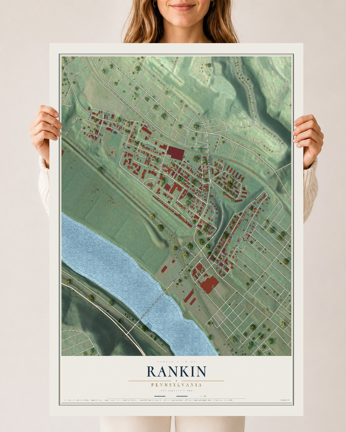 Map of Rankin, Pennsylvania, 24 x 36 inch unframed archival matte print