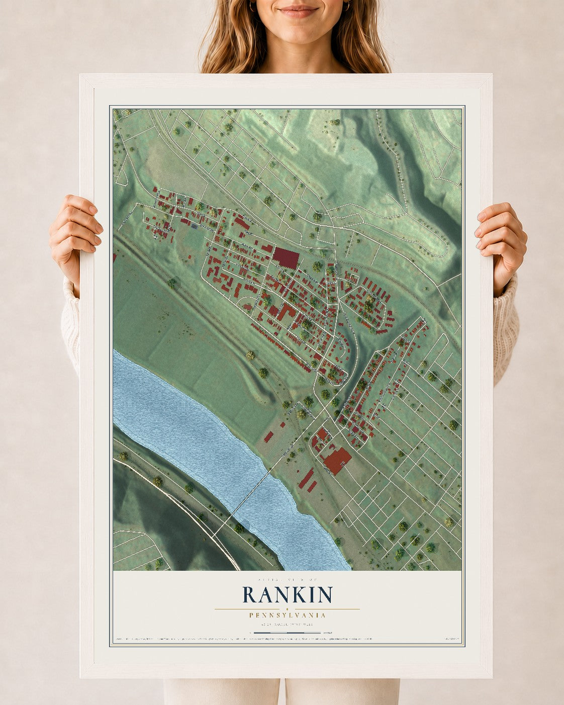 Map of Rankin, Pennsylvania, 24 x 36 inch print in a white wood frame
