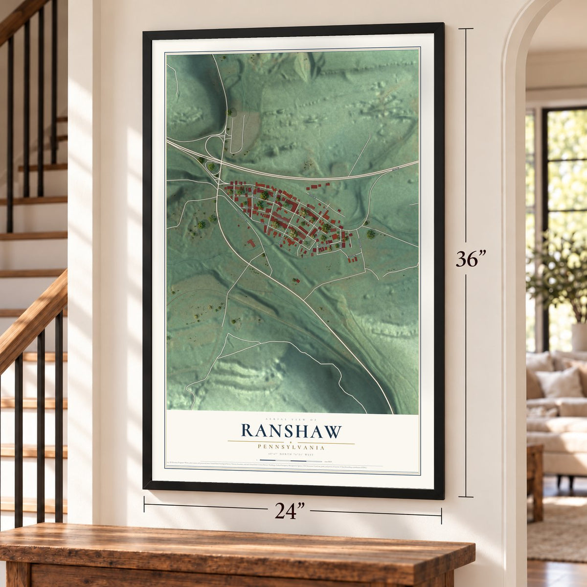 Ranshaw, Pennsylvania map, 24 x 36 inch print in a black frame by a staircase