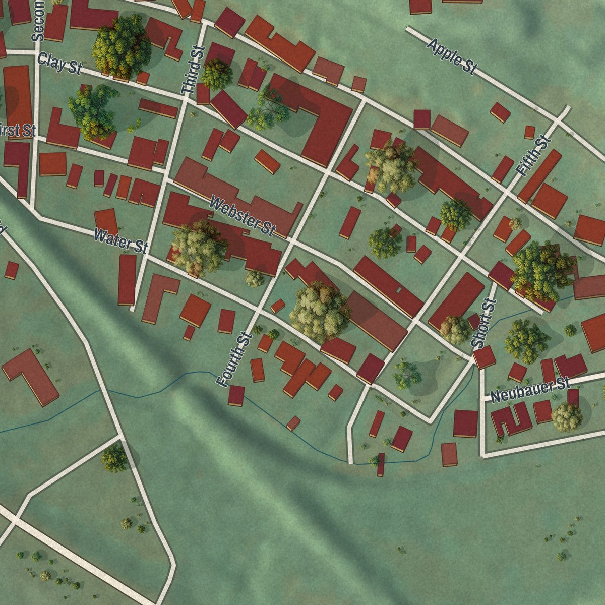 Close-up of the map of Ranshaw, Pennsylvania print showing street and building detail