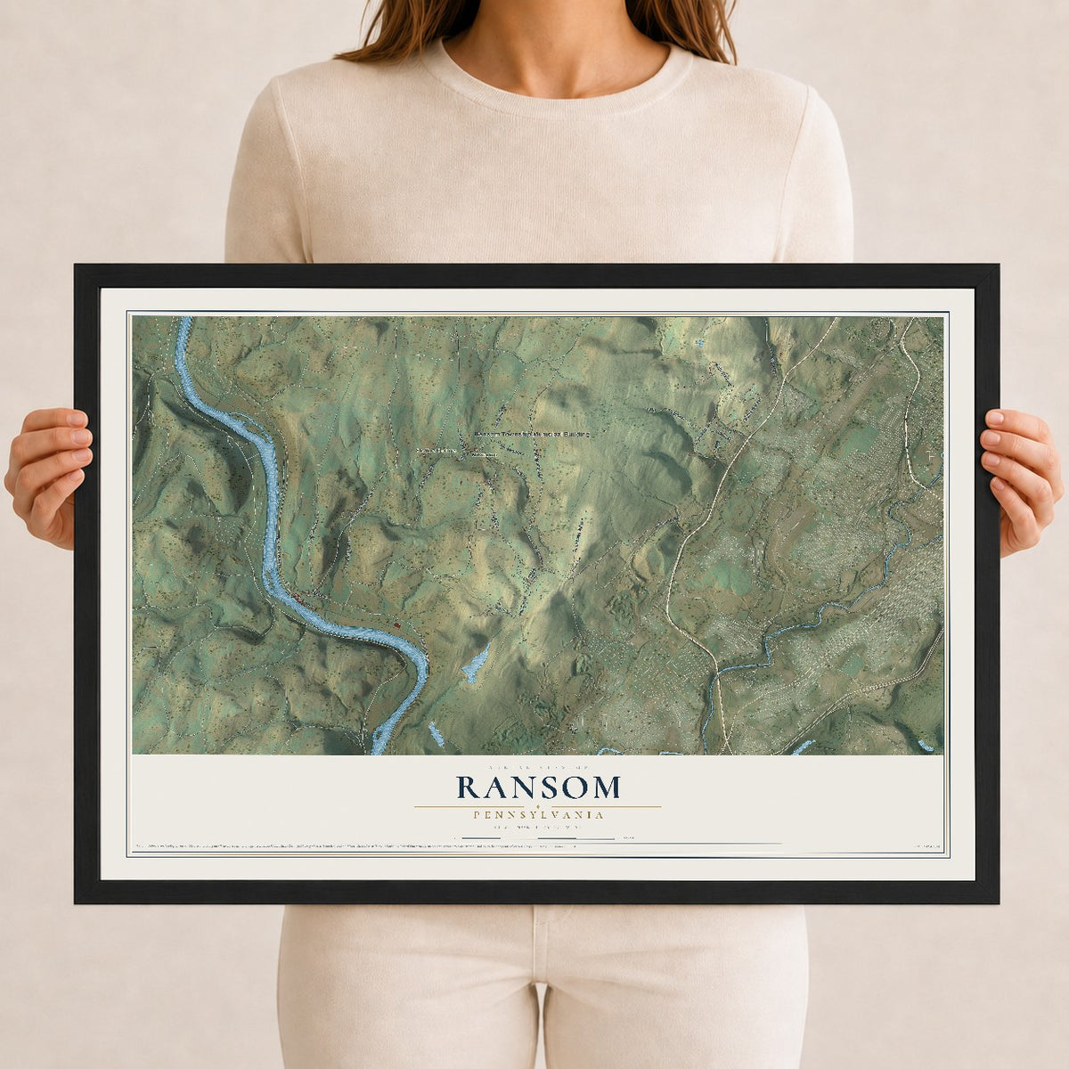 Map of Ransom, Pennsylvania, 12 x 18 inch print in a black wood frame