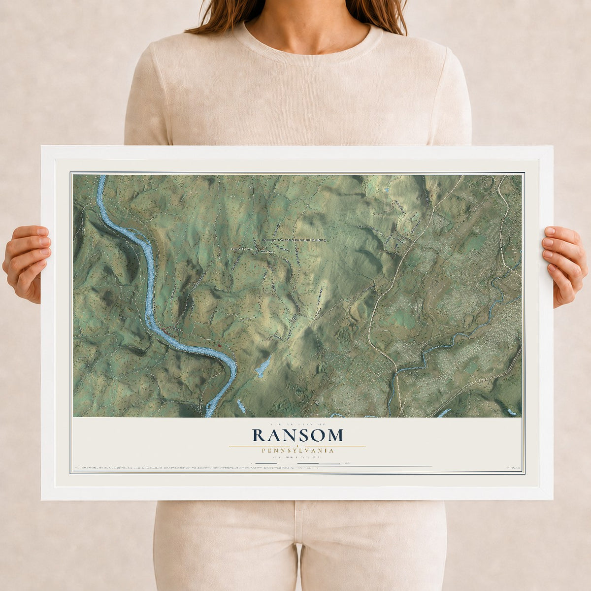 Map of Ransom, Pennsylvania, 12 x 18 inch print in a white wood frame