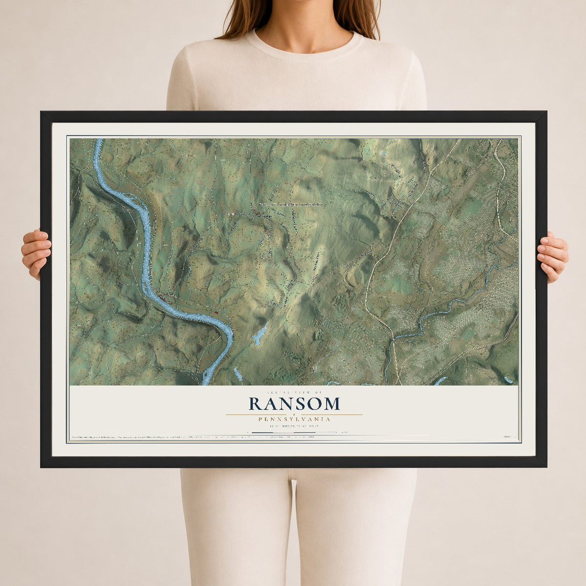 Map of Ransom, Pennsylvania, 24 x 36 inch print in a black wood frame