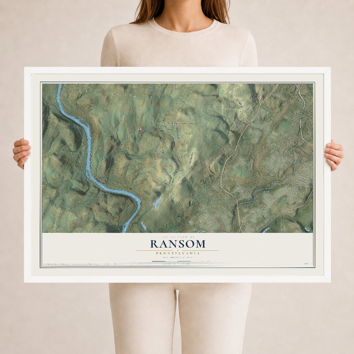 Map of Ransom, Pennsylvania, 24 x 36 inch print in a white wood frame