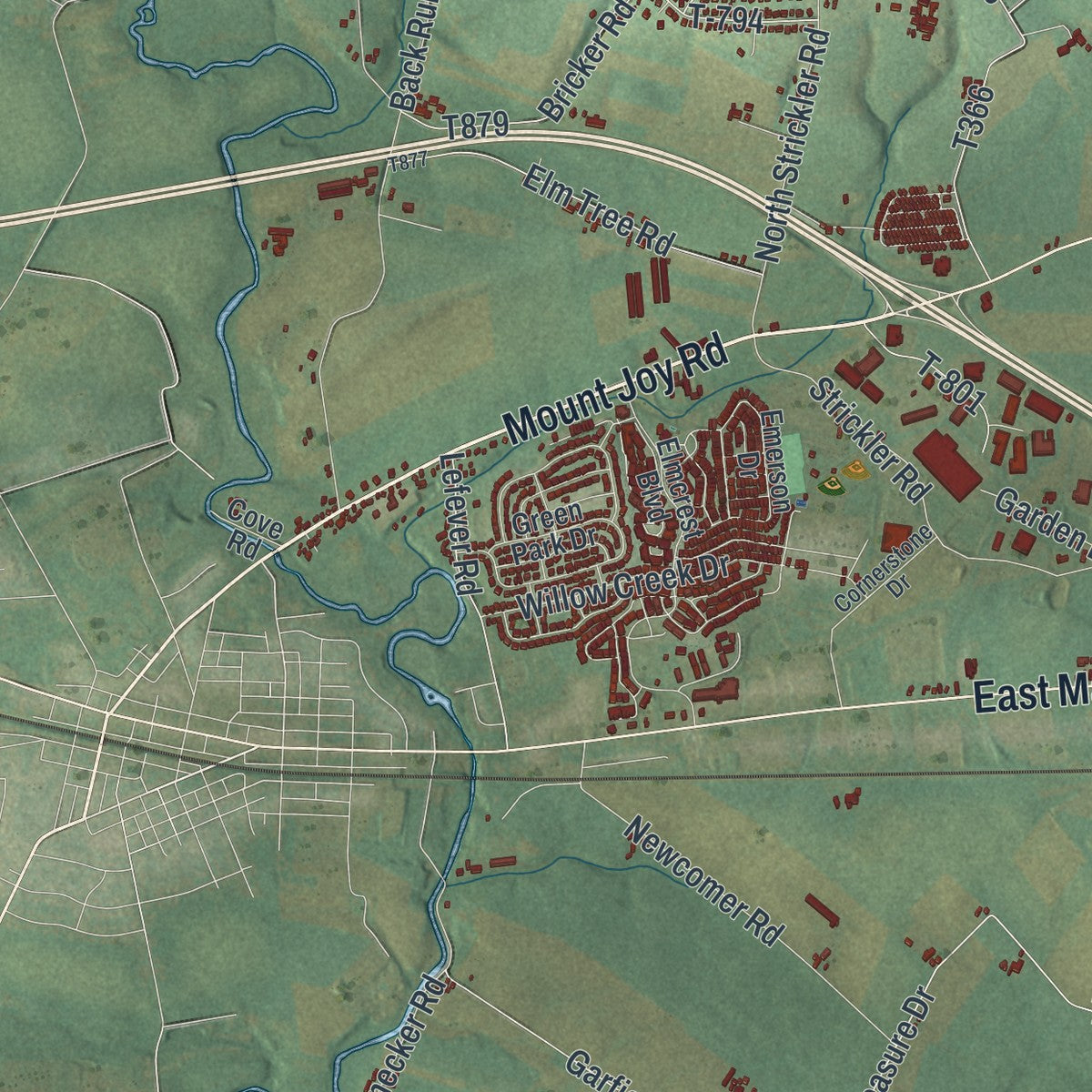 Close-up of the map of Rapho, Pennsylvania print showing street and building detail
