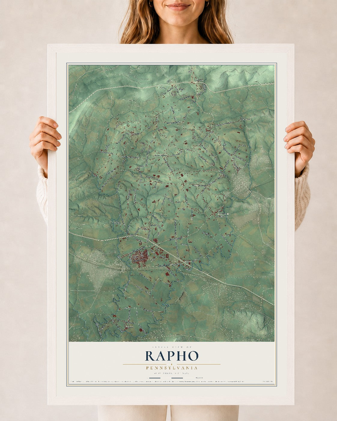 Map of Rapho, Pennsylvania, 24 x 36 inch print in a white wood frame