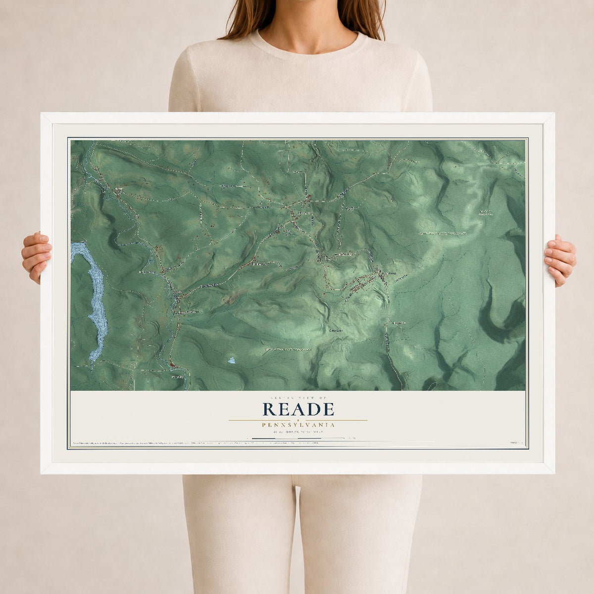 Map of Reade, Pennsylvania, 24 x 36 inch print in a white wood frame