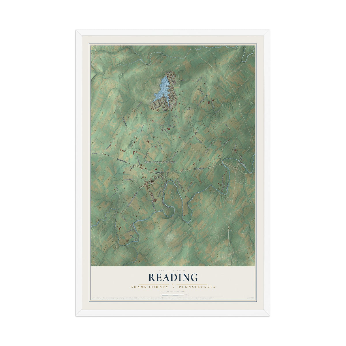 Map of Reading, Adams County, Pennsylvania, 12 x 18 inch print in a white wood frame