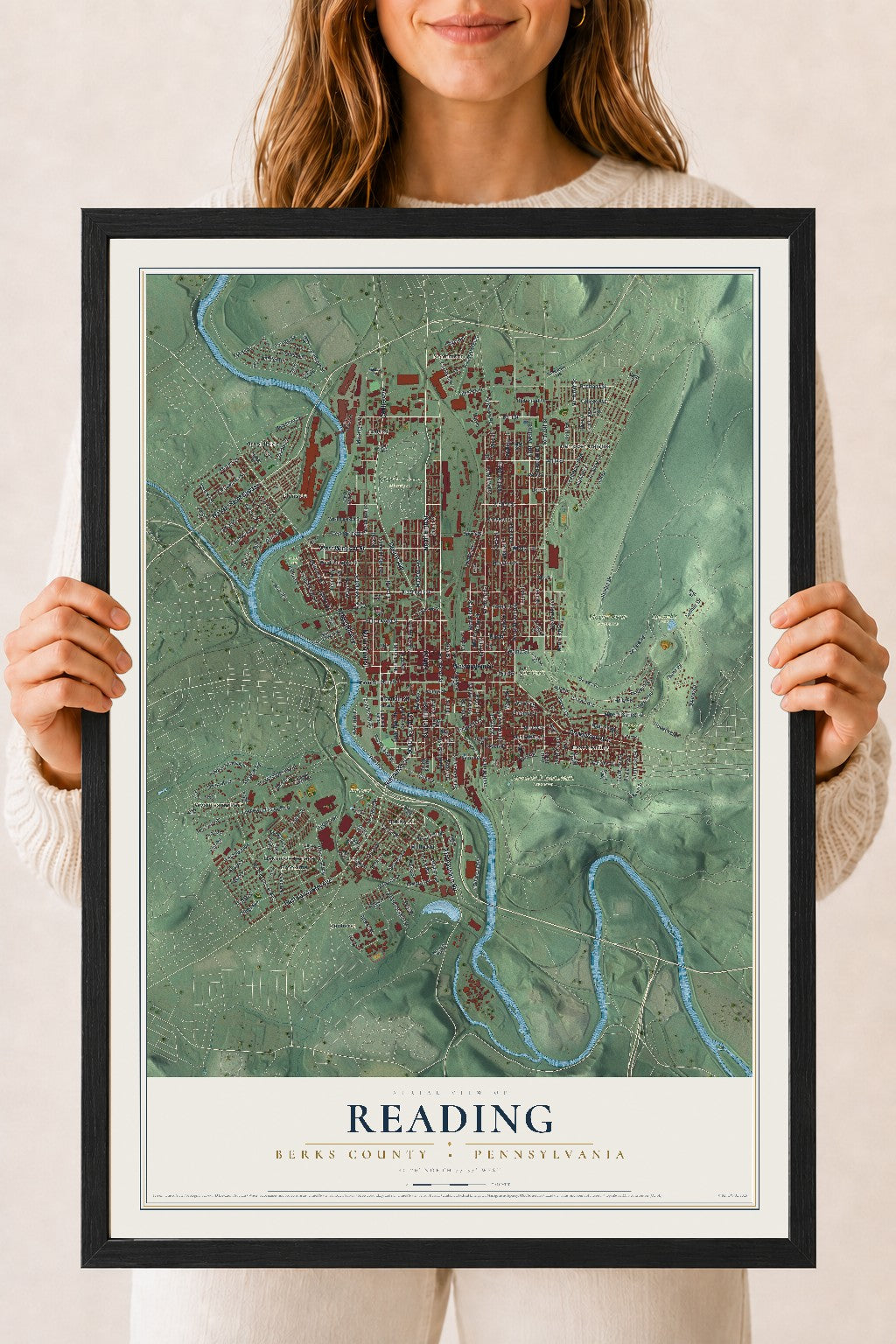 Map of Reading, Berks County, Pennsylvania, 18 x 24 inch print in a black wood frame